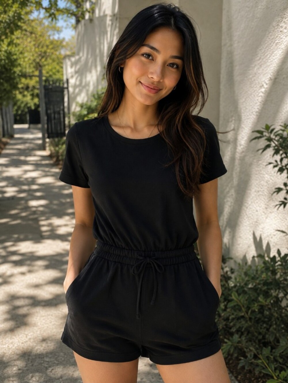 Serra Black Short Sleeve Drawstring Romper Medium